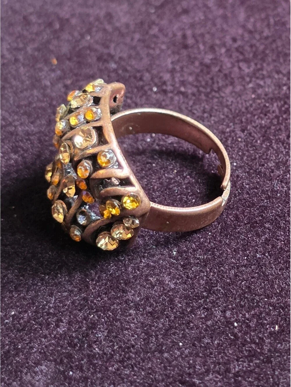 Vintage 1980's Amber Topaz Rhinestone Dome Ring Adjustable